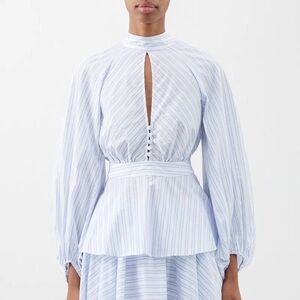 STAUD Danica Backless Striped-Cotton Beplum Blouse